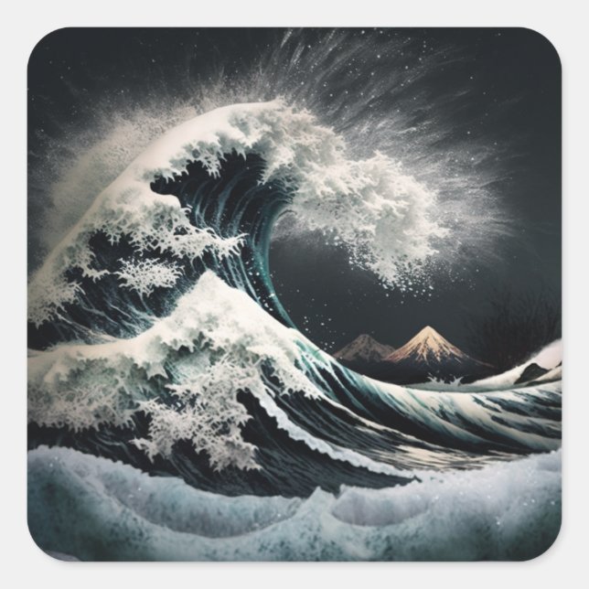 Tsunami wave in the glow of moonlight. square sticker (Front)