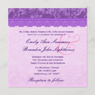 TT100 Purple with Lace Damask Wedding Invitation