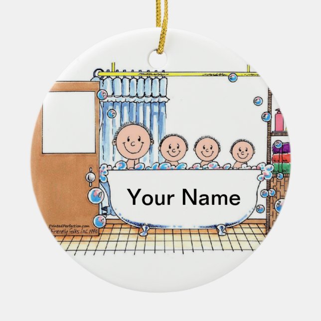 Tub Time, Three Children with Dad Ceramic Tree Decoration (Front)