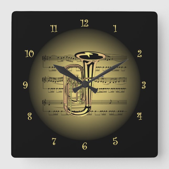 Tuba ~ 3-D Sheet Music ~ Gold & Black Background Square Wall Clock (Front)