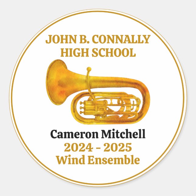Tuba High School Band Gold Personalised Classic Round Sticker (Front)