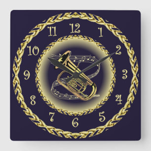 Tuba Musical Scroll ~ Gold and Navy Blue ~  Square Wall Clock