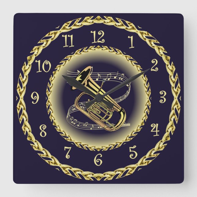 Tuba Musical Scroll ~ Gold and Navy Blue ~  Square Wall Clock (Front)