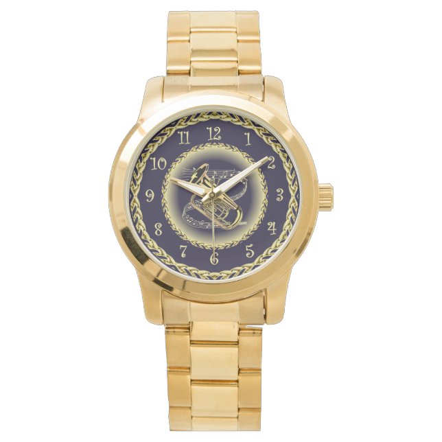 Tuba Musical Scroll ~ Gold and Navy Blue ~   Watch (Front)