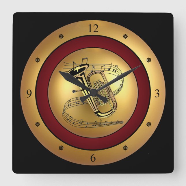 Tuba~Musical Scroll~Gold/Maroon/Black Background~ Square Wall Clock (Front)
