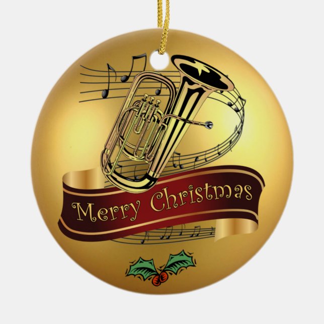 Tuba ~ Musical Scroll ~ Gold ~ “Merry Christmas” ~ Ceramic Ornament (Front)