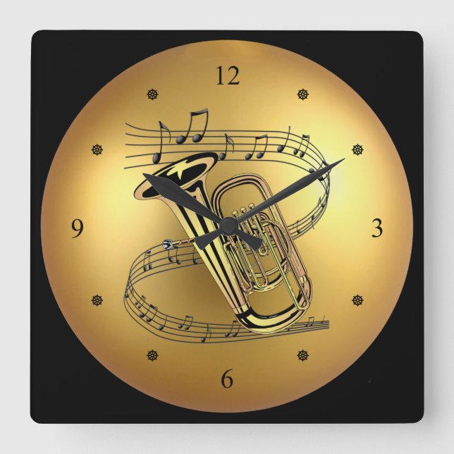 Tuba ~ Musical Scroll ~ Golden Globe Background ~ Square Wall Clock (Front)