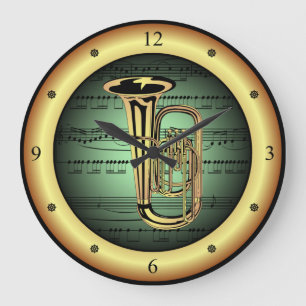 Tuba on Sheet Music ~ Green on Gold Background ~ Large Clock