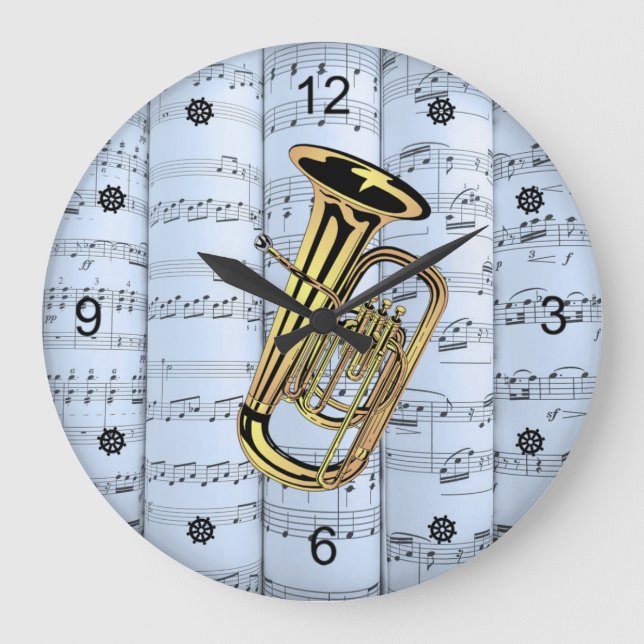 Tuba ~ Rolled Sheet Music ~ Blue Tint Background ~ Large Clock (Front)