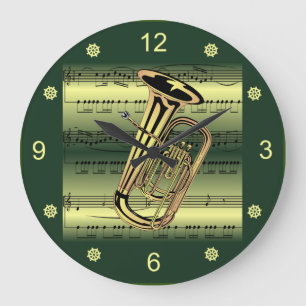 Tuba ~Rolled Sheet Music~Gold/Green Background~ Large Clock