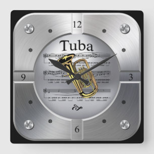 Tuba ~ Sheet Music ~ Brushed Silver Color ~ Square Wall Clock