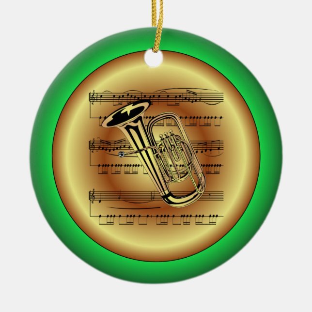 Tuba ~ Sheet Music ~ Red/Green/Gold ~ Christmas ~ Ceramic Ornament (Front)