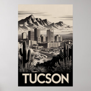 Tucson Arizona Skyline Black White Woodcut Poster