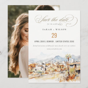 Tucson, Arizona Watercolor Landscape Wedding Photo Save The Date