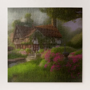 Tudor cottage in misty country garden scene jigsaw puzzle