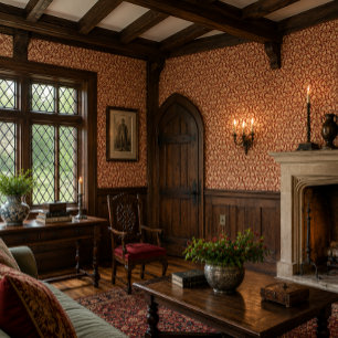 Tudor Era Floral Brocade Print Pattern Wallpaper