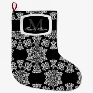Tudor Rose Damask (White) (Monogram) Large Christmas Stocking
