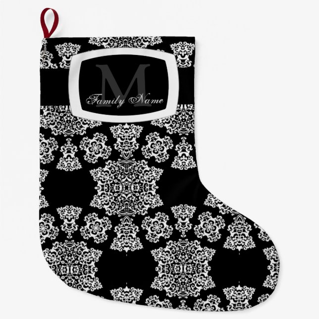 Tudor Rose Damask (White) (Monogram) Large Christmas Stocking (Front)