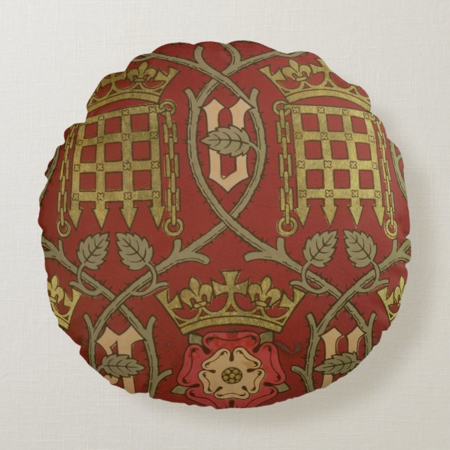 'Tudor Rose', reproduction wallpaper designed by S Round Cushion (Front)