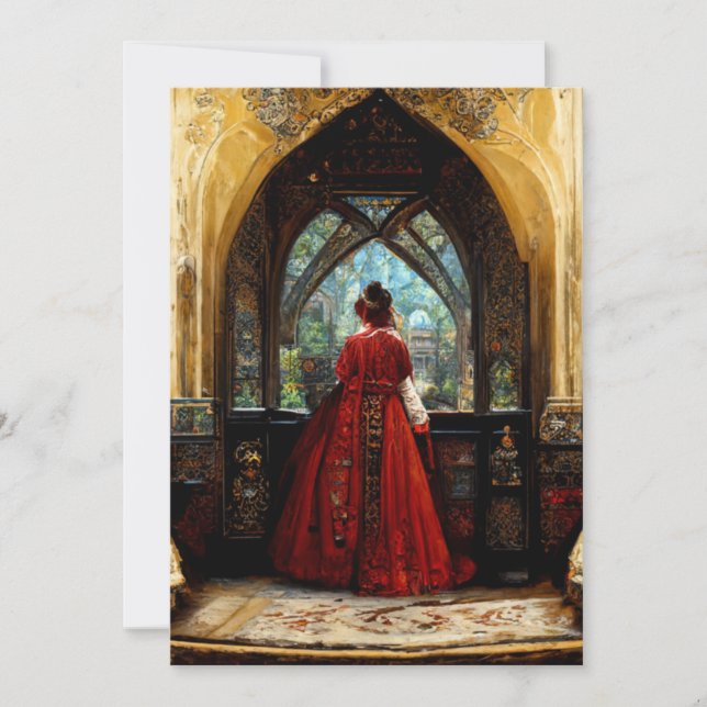 Tudor woman in crimson gown thank you card (Front)