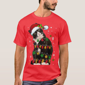 Tuedo Cat with Santa Hat Funny Christmas Lights  T-Shirt