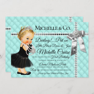Tufted Blue Diamonds Pearls Princess 1st Birthday Invitation