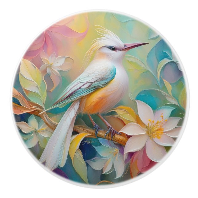 Tufted Golden Rumped Fantasy Bird Ceramic Knob (Front)