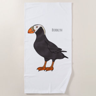 Tufted puffin bird cartoon illustration beach towel