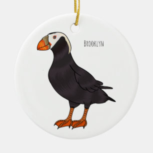 Tufted puffin bird cartoon illustration ceramic ornament