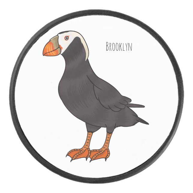 Tufted puffin bird cartoon illustration  hockey puck (Front)