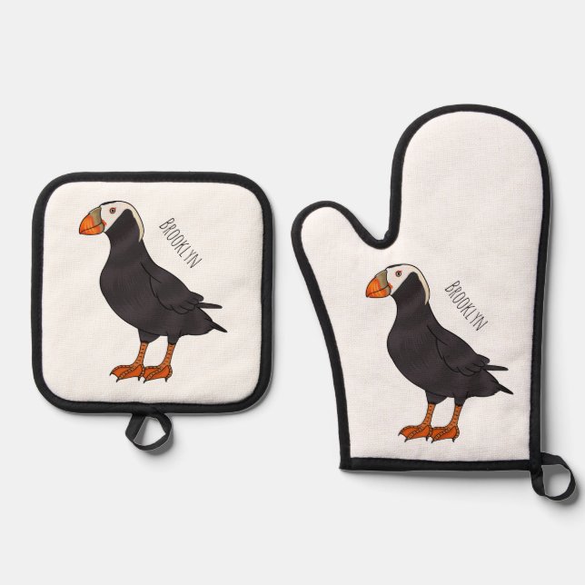 Tufted puffin bird cartoon illustration  oven mitt & pot holder set (Front)
