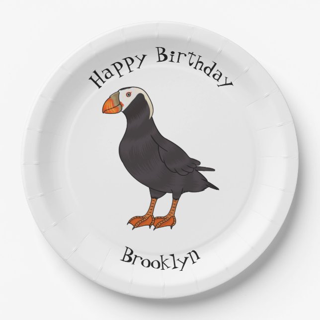 Tufted puffin bird cartoon illustration paper plate (Front)