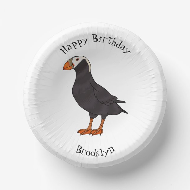 Tufted puffin bird cartoon illustration  paper plate (Front)