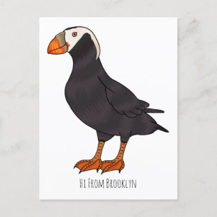 Tufted puffin bird cartoon illustration postcard