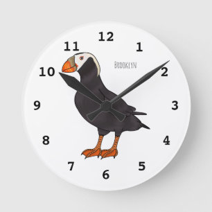 Tufted puffin bird cartoon illustration round clock