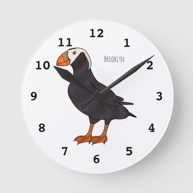 Tufted puffin bird cartoon illustration round clock (Front)