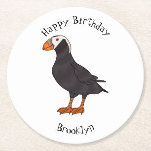 Tufted puffin bird cartoon illustration round paper coaster