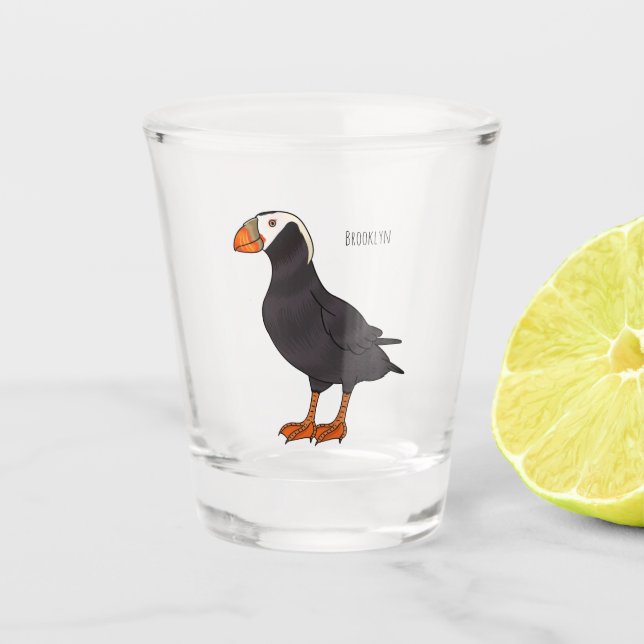 Tufted puffin bird cartoon illustration  shot glass (Front)