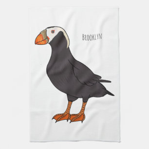 Tufted puffin bird cartoon illustration tea towel
