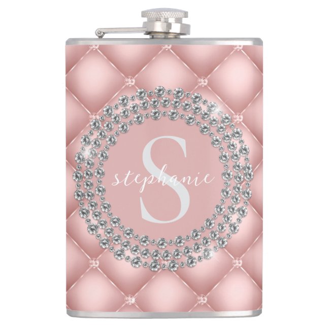 Tufted Sparkly Diamonds Blush Pink Monogram  Hip Flask (Front)