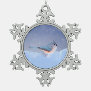 Tufted Titmouse Painting - Cute Original Dog Art Snowflake Pewter Christmas Ornament