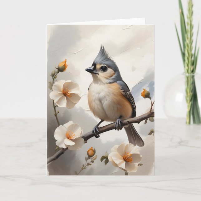 Tufted Titmouse Resting on Tree Limb Flowers Blank Card (Front)