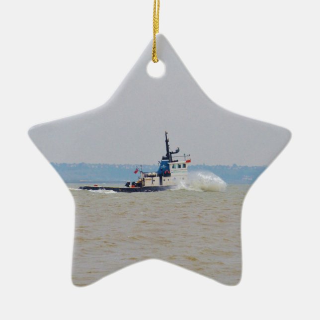 Tug Boat Battling Wind And Tide Ceramic Tree Decoration (Front)