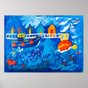 Tug boats at sea acrylic painting by Kay Gale Poster