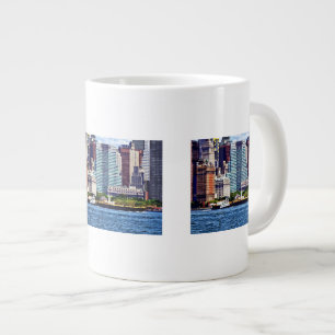 Tugboat Pushing Barge Near Manhattan Skyline Large Coffee Mug