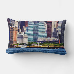 Tugboat Pushing Barge Near Manhattan Skyline Lumbar Cushion
