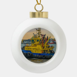 Tugboat sailing at river, montevideo, uruguay ceramic ball christmas ornament