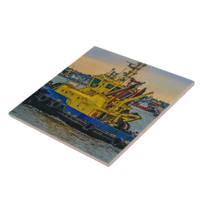 Tugboat sailing at river, montevideo, uruguay ceramic tile (Side)