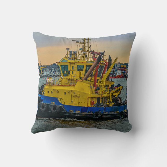 Tugboat sailing at river, montevideo, uruguay cushion (Back)