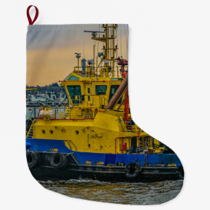 Tugboat sailing at river, montevideo, uruguay large christmas stocking